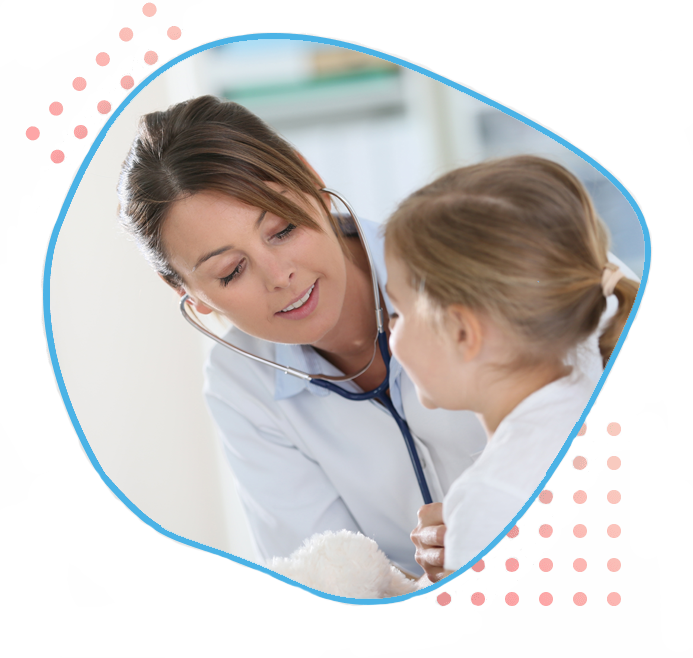 A pediatrician using a stethoscope to examine a young patient.