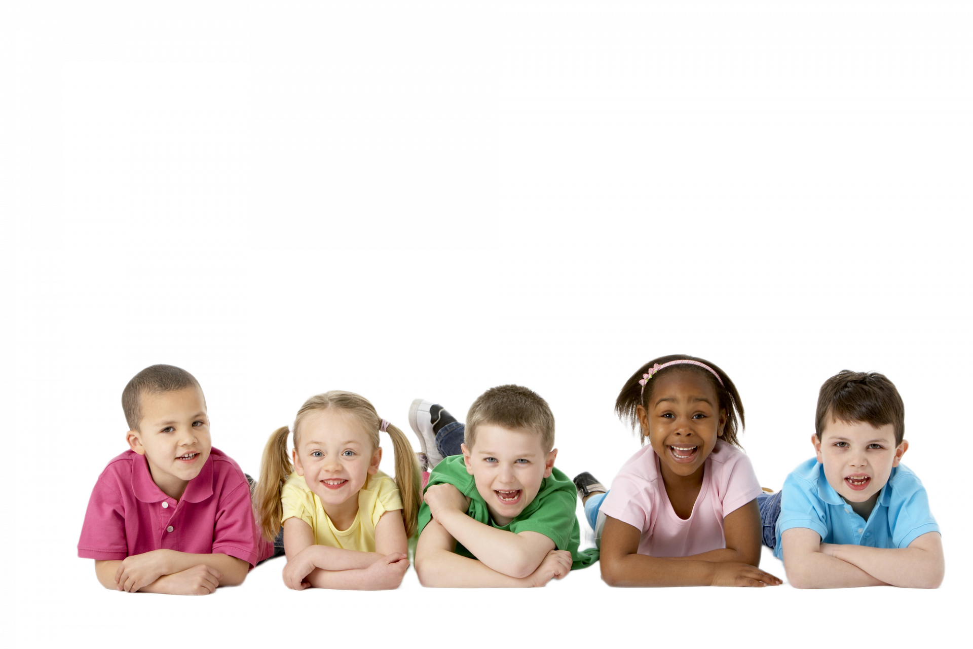 Five smiling children lying on their stomachs against a black background.