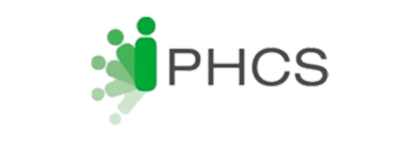 Logo of "phcs" featuring a green and grey color scheme with abstract human figures.
