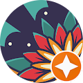 Colorful circular logo with geometric patterns resembling a flower, featuring a star in the center and stylized animal shapes.